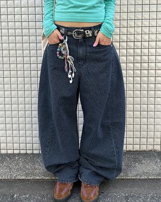 Striped wide summer denim pants