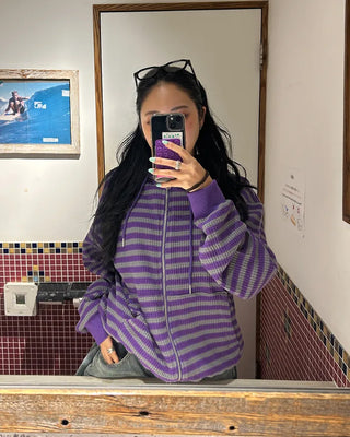 (Unisex) Striped Double Zip Waffle Knit Kangaroo Hoodie