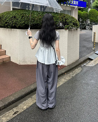 (Unisex) Nylon Wide-Leg Pants with Elastic Waistband