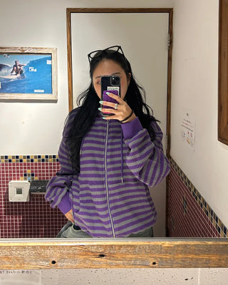 (Unisex) Striped Double Zip Waffle Knit Kangaroo Hoodie