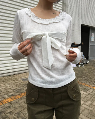 Frill Jewel Neck Ribbon Bust Long T-Shirt