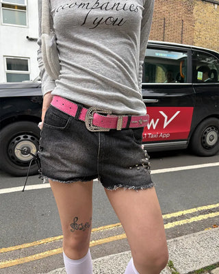 Shoelace Studded Cut-Off Short Denim Pants
