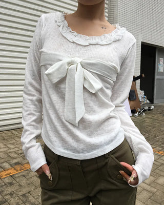 Frill Jewel Neck Ribbon Bust Long T-Shirt