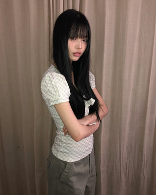 Checked ribbon short-sleeved T-shirt