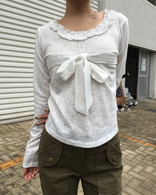 Frill Jewel Neck Ribbon Bust Long T-Shirt