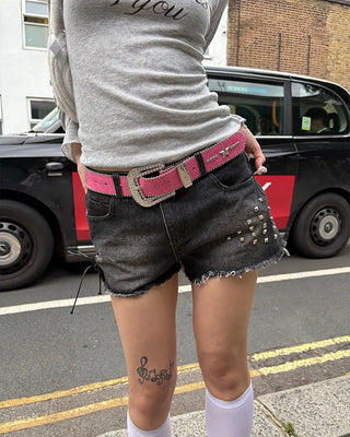 Star-studded cubic buckle crocodile belt