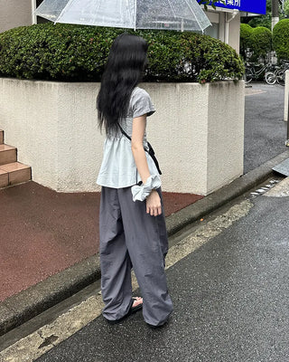 (Unisex) Nylon Wide-Leg Pants with Elastic Waistband