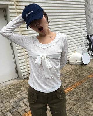 Frill Jewel Neck Ribbon Bust Long T-Shirt