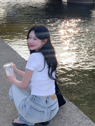 Ribbed neck slit short-sleeved T-shirt (3 colors)