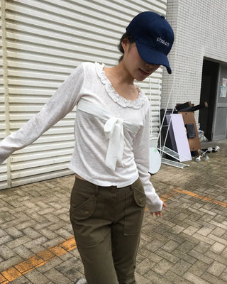 Frill Jewel Neck Ribbon Bust Long T-Shirt
