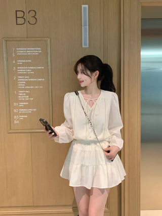 [2pcs] Shirred Blouse and Skirt Set