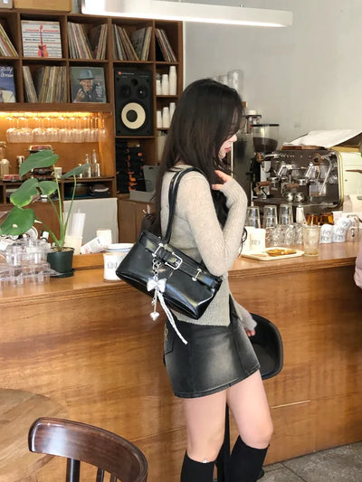 [Charm Set] Belt Leather Tote Bag/Shoulder Bag