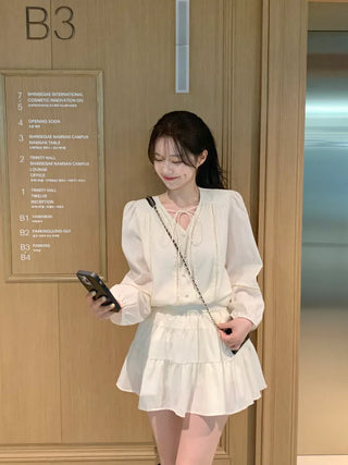 [2pcs] Shirred Blouse and Skirt Set