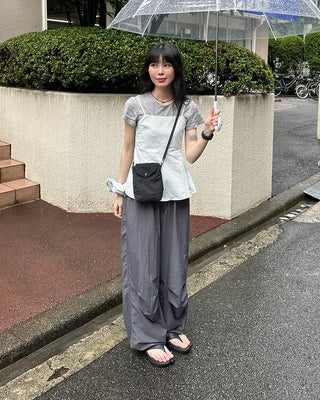 (Unisex) Nylon Wide-Leg Pants with Elastic Waistband