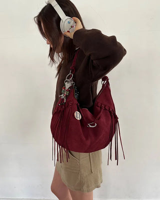 Frilled fringe suede hobo bag