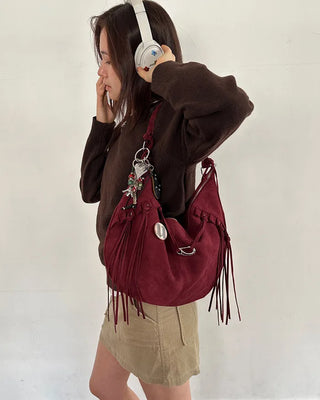 Frilled fringe suede hobo bag