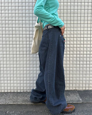 Striped wide summer denim pants