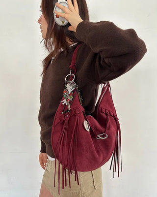 Frilled fringe suede hobo bag