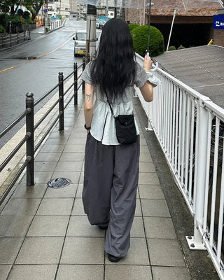 (Unisex) Nylon Wide-Leg Pants with Elastic Waistband