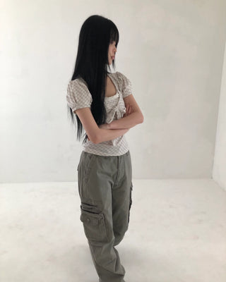 Checked ribbon short-sleeved T-shirt