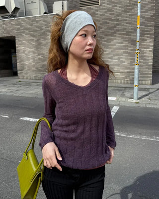 V-neck sheer ribbed knit