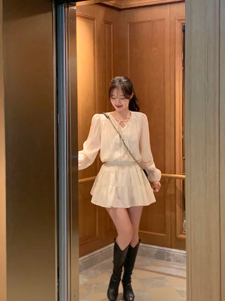 [2pcs] Shirred Blouse and Skirt Set