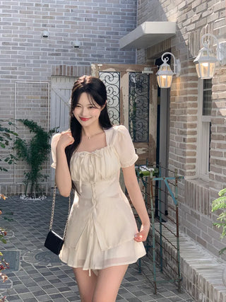 [2pcs] Ribbon Chiffon Blouse and Skirt Set
