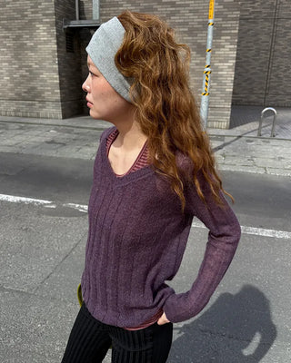 V-neck sheer ribbed knit