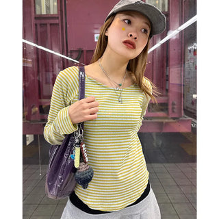 Striped boat neck long-sleeved T-shirt