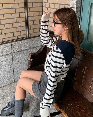 Sailor collar striped cardigan