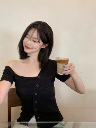 One-shoulder ribbed short-sleeved knit T-shirt (2 colors)