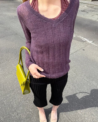 V-neck sheer ribbed knit