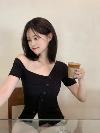 One-shoulder ribbed short-sleeved knit T-shirt (2 colors)
