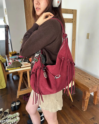 Frilled fringe suede hobo bag