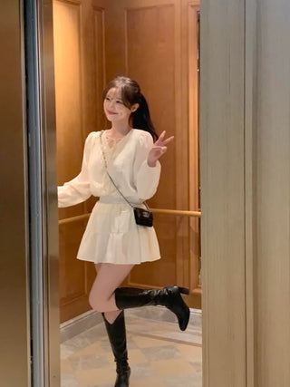 [2pcs] Shirred Blouse and Skirt Set