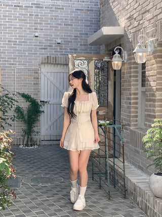 [2pcs] Ribbon Chiffon Blouse and Skirt Set