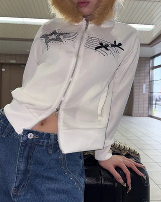 Ribbon Shooting Star Double Zip Fur Hoodie