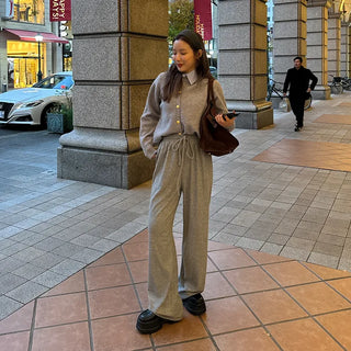 Velour wide-leg elastic waist pants