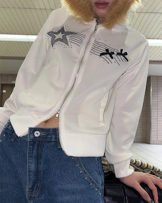 Ribbon Shooting Star Double Zip Fur Hoodie