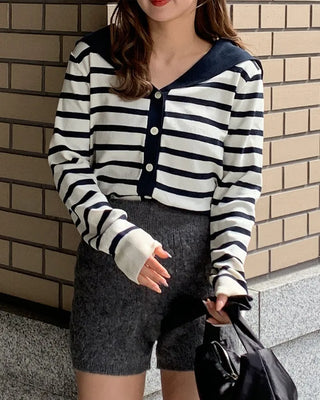 Sailor collar striped cardigan