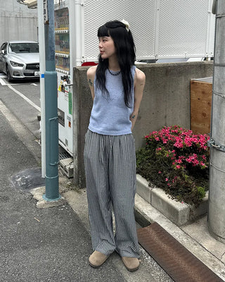 Color striped elastic waist pants