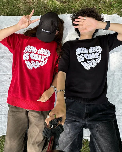 (Unisex) Heart Lettering Short-Sleeve Knit