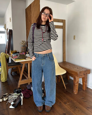 Striped semi-cropped long-sleeve T-shirt