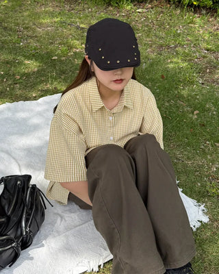 Back-button cotton wide-leg pants