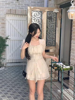 [2pcs] Ribbon Chiffon Blouse and Skirt Set