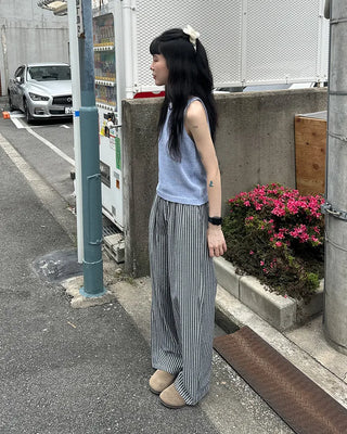 Color striped elastic waist pants