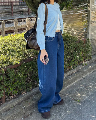 Straight denim pants with drawstring waist