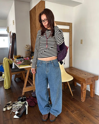 Striped semi-cropped long-sleeve T-shirt