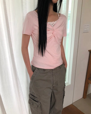 Shirred short-sleeved T-shirt