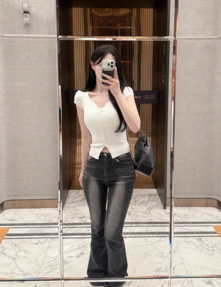 [7 colors] Rib-knit short-sleeved cardigan